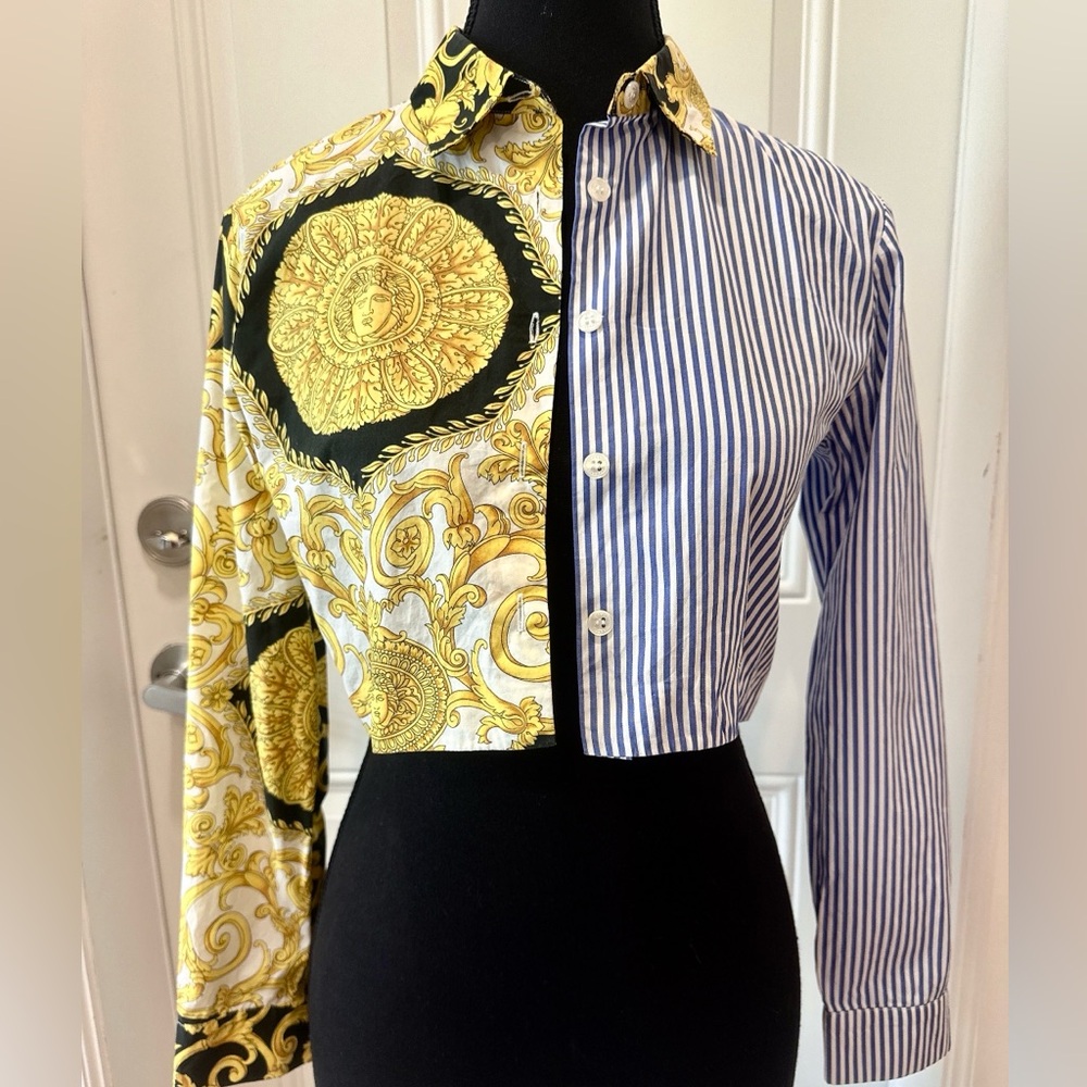 Versace Baroque and Stripe Shirt in Gold and Blue— Young Versace Children 10Y